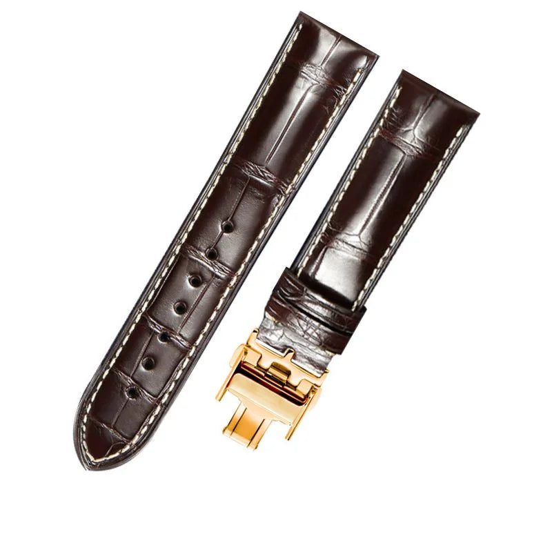WatchesMate brown alligator-textured leather watch strap with gold deployant clasp, compatible with Longines watches, handcrafted premium quality