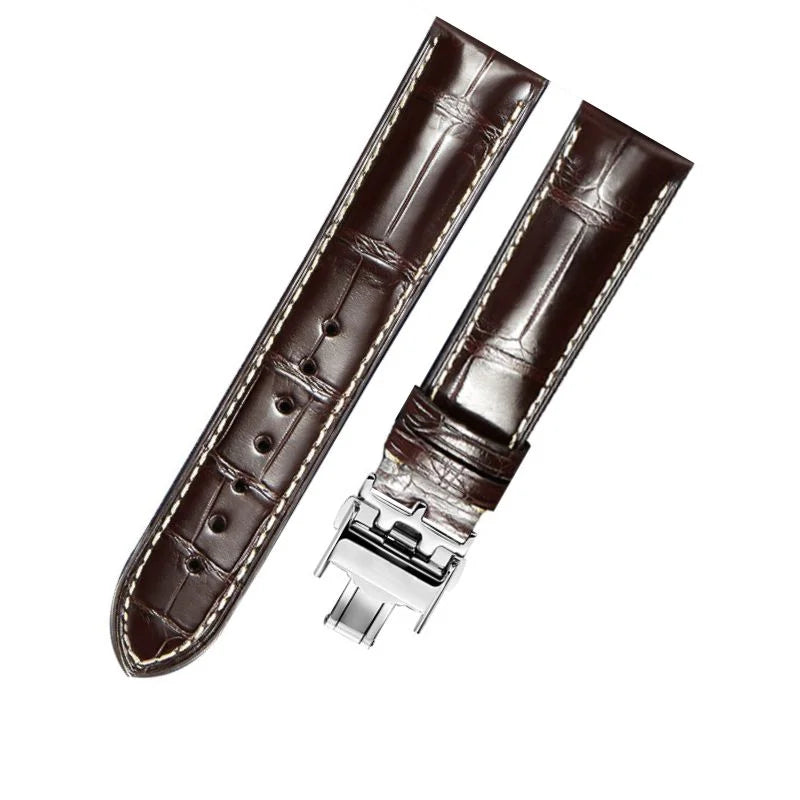WatchesMate brown alligator-textured leather watch strap with silver deployant clasp, compatible with Longines watches, handcrafted premium quality