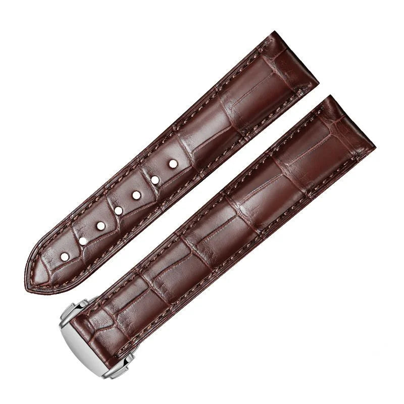 WatchesMate brown alligator-textured leather strap for Omega with silver deployant clasp, featuring durable hand‑stitched craftsmanship