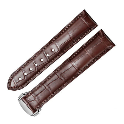 WatchesMate brown alligator-textured leather strap for Omega with silver deployant clasp, featuring durable hand‑stitched craftsmanship