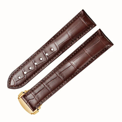 WatchesMate brown alligator-textured leather strap — compatible with Omega watches, with gold deployant clasp, hand-stitched for durability and refined style