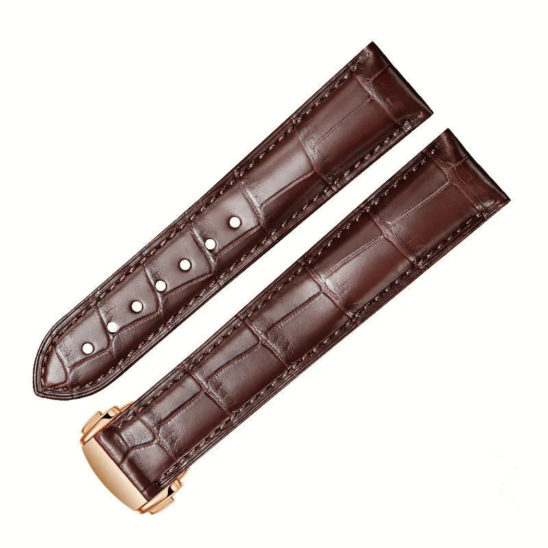 WatchesMate brown alligator-textured leather strap compatible with Omega watches, featuring a rose gold deployant clasp and meticulous hand-stitched craftsmanship