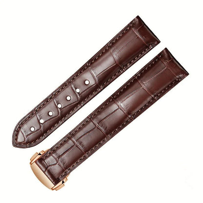 WatchesMate brown alligator-textured leather strap compatible with Omega watches, featuring a rose gold deployant clasp and meticulous hand-stitched craftsmanship