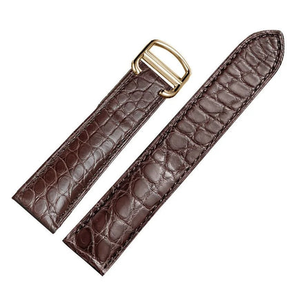 WatchesMate brown alligator-textured leather strap compatible with Cartier Tank, featuring a gold folding buckle
