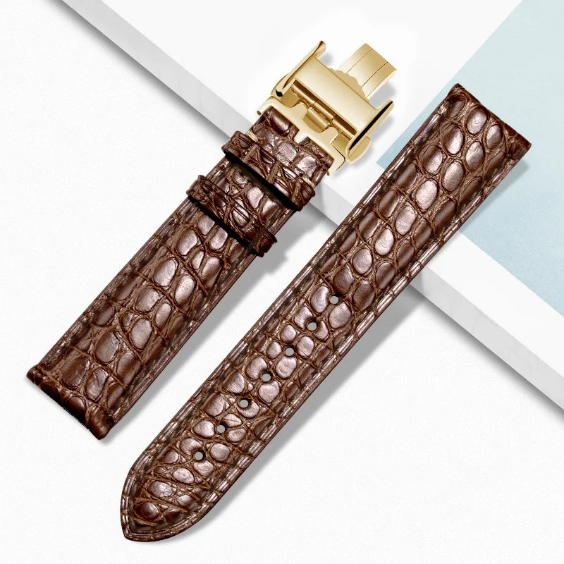 Brown alligator‑textured leather watch strap with gold deployant clasp, compatible with Longines watches — refined style and lasting comfort