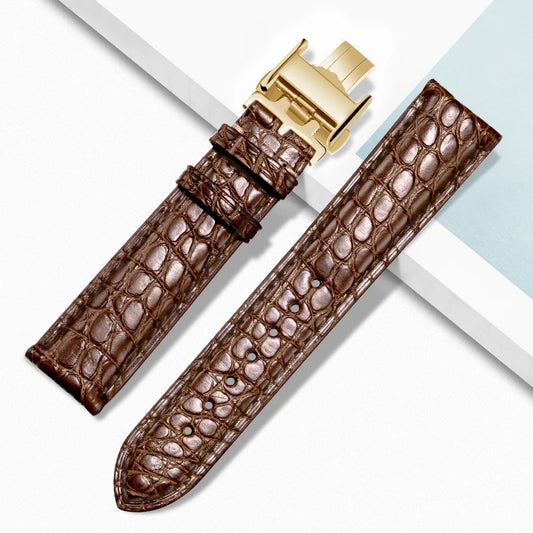 Brown alligator‑textured leather watch strap with gold deployant clasp, compatible with Longines watches — refined style and lasting comfort