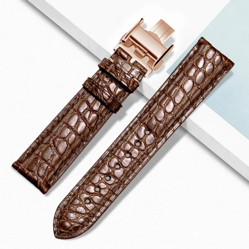 Brown alligator‑textured leather watch strap with rose gold deployant clasp, compatible with Longines watches — refined style and lasting comfort