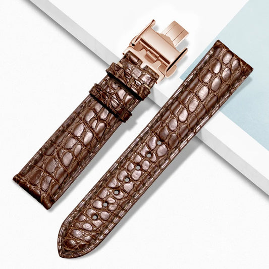 Brown alligator‑textured leather watch strap with rose gold deployant clasp, compatible with Longines watches — refined style and lasting comfort