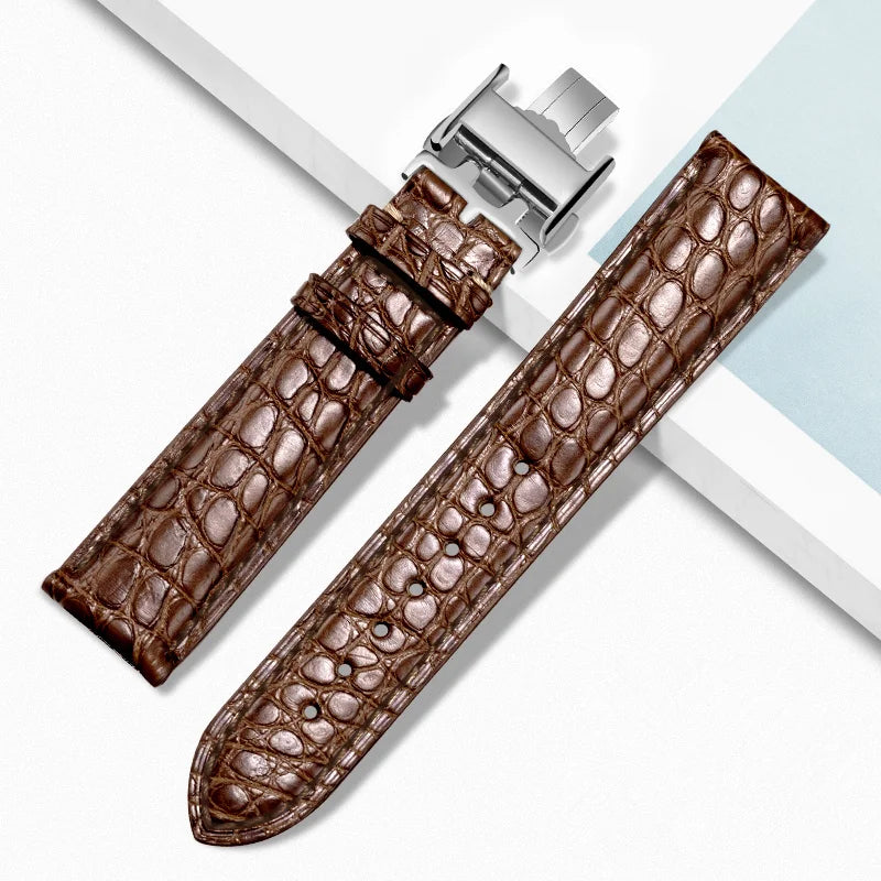 Brown alligator‑textured leather watch strap with silver deployant clasp, compatible with Longines watches—elegant and customizable