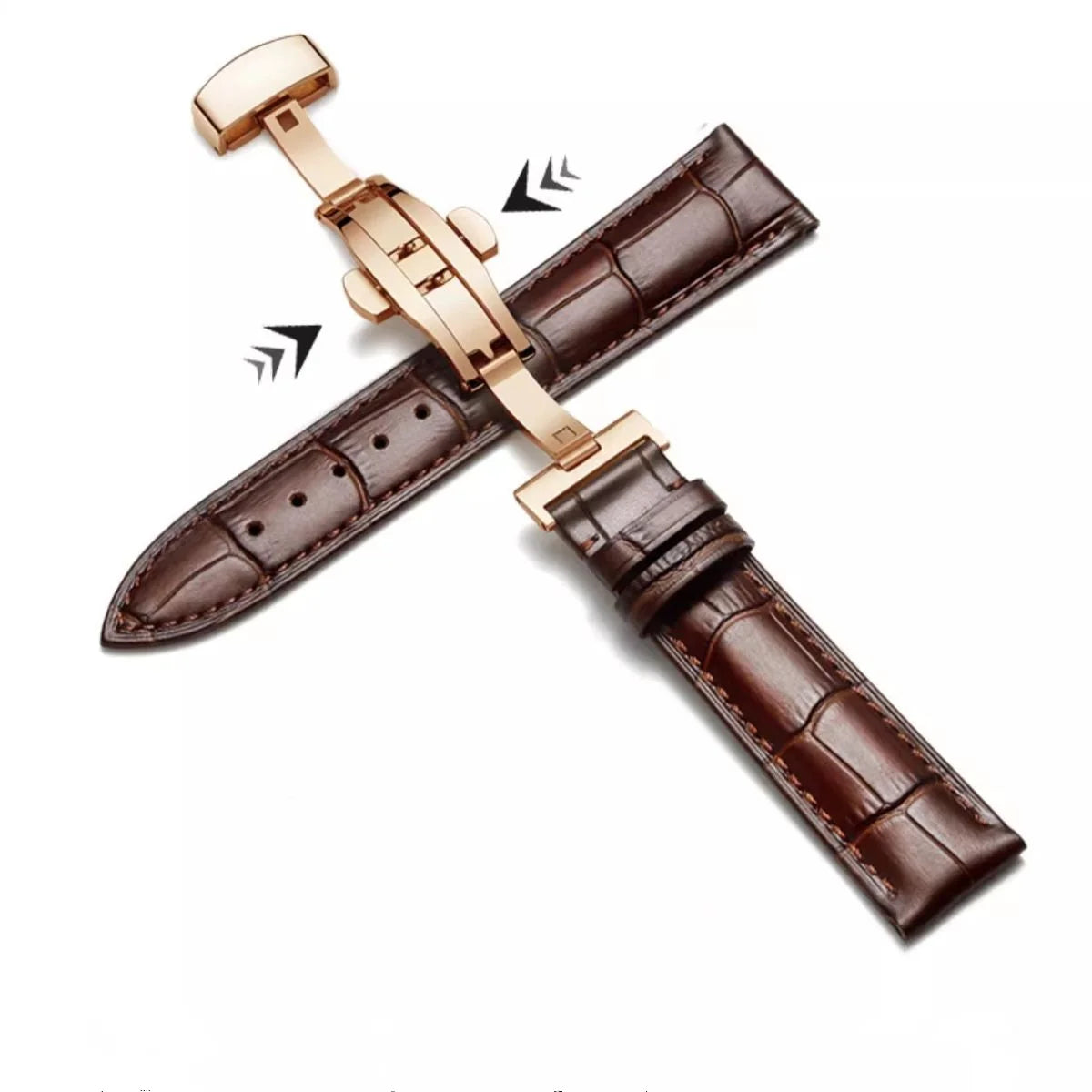 Brown calfskin watch strap featuring a rose gold butterfly clasp detail.