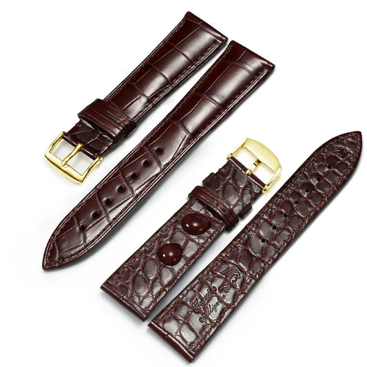 Brown dual-sided alligator-textured leather strap with gold pin buckle