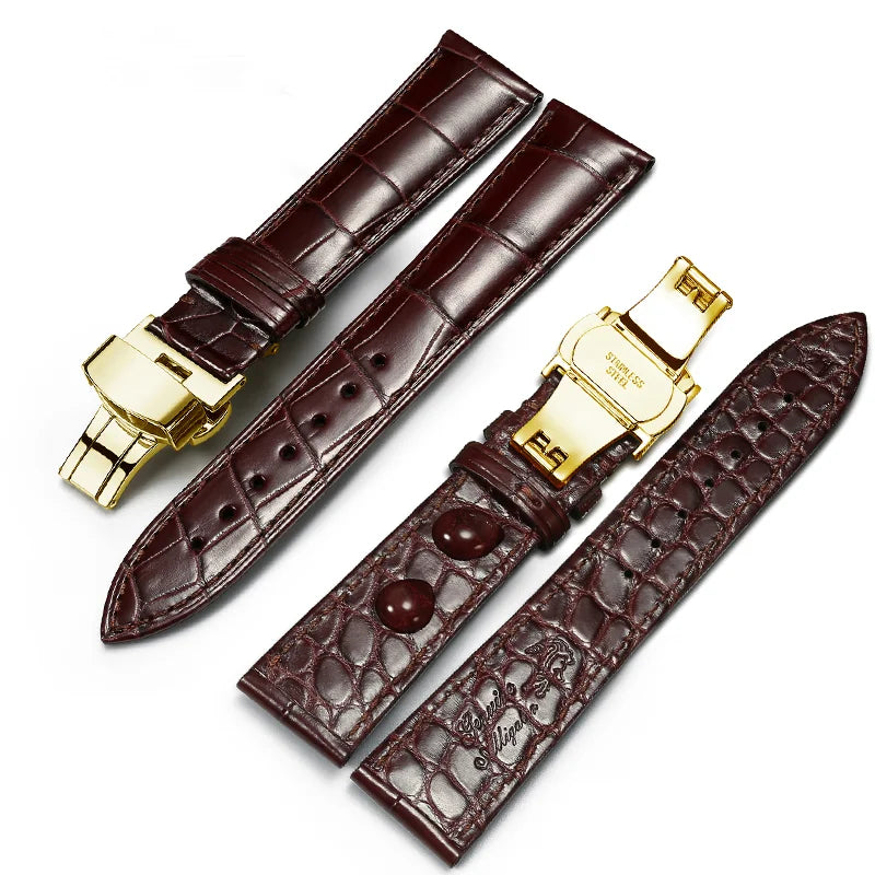 WatchesMate brown dual-sided alligator-textured leather watch strap featuring a gold butterfly clasp