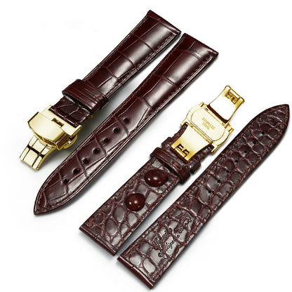 WatchesMate brown dual-sided alligator-textured leather watch strap featuring a gold butterfly clasp