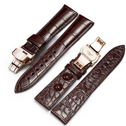 WatchesMate brown dual-sided alligator-textured leather watch strap featuring a rose gold butterfly clasp