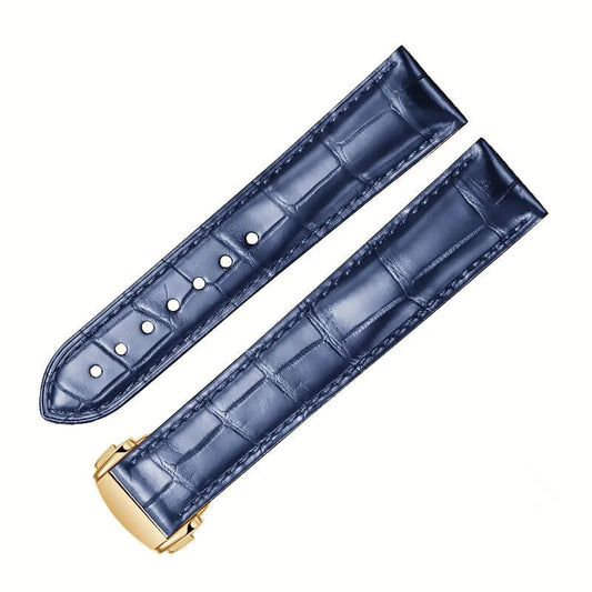 WatchesMate Dark blue alligator-textured leather strap — compatible with Omega watches, with gold deployant clasp, hand-stitched for durability and refined style