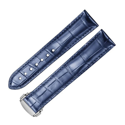 WatchesMate Dark blue alligator-textured leather strap — compatible with Omega watches, with silver deployant clasp and durable hand-stitched craftsmanship