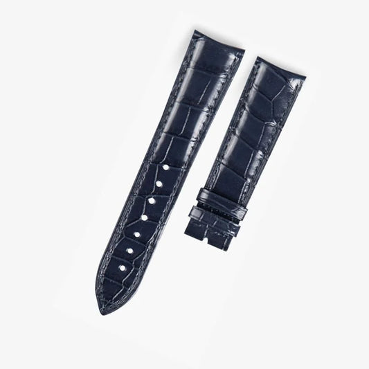 Dark blue alligator-textured leather strap by WatchesMate, compatible with Jaeger-LeCoultre timepieces, handcrafted for timeless elegance