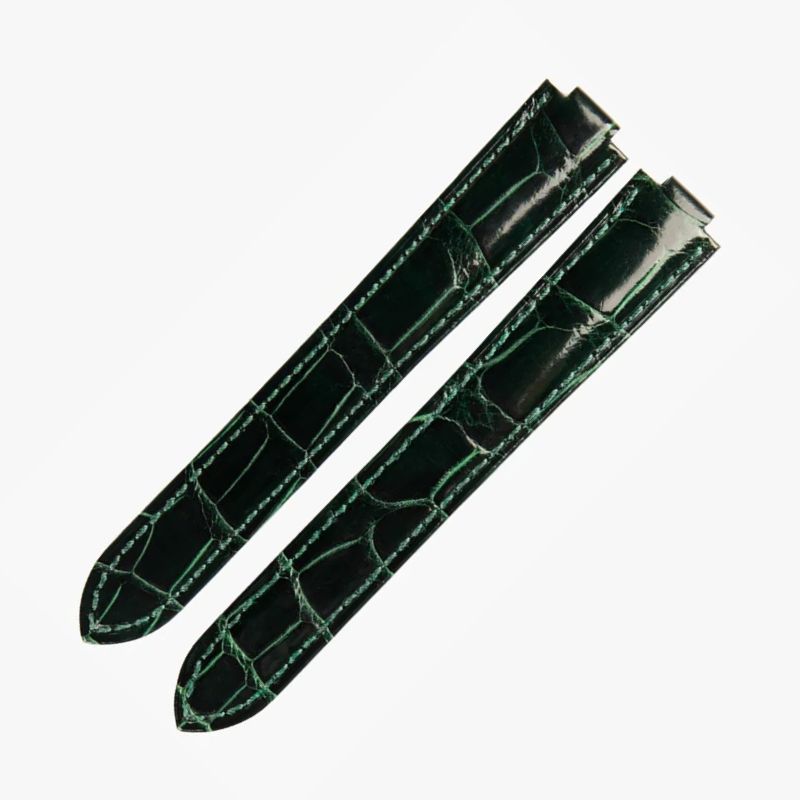 WatchesMate dark green alligator-textured leather strap on Cartier Ballon Bleu watch, reflecting deep, refined taste.