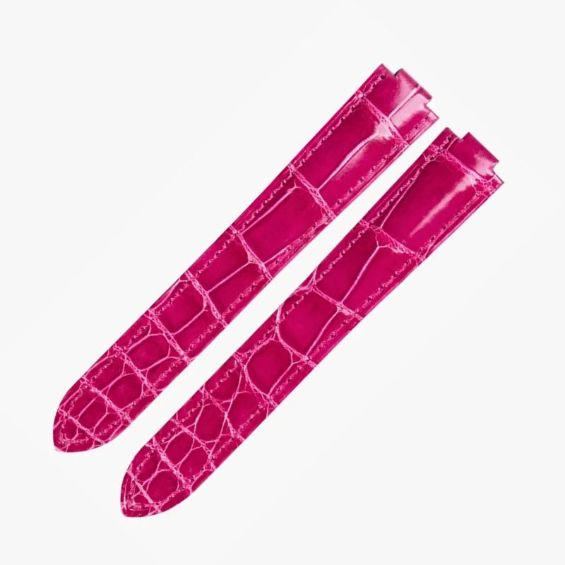 WatchesMate fuchsia alligator-textured leather strap compatible with Cartier Ballon Bleu watches, adding a bold and playful accent