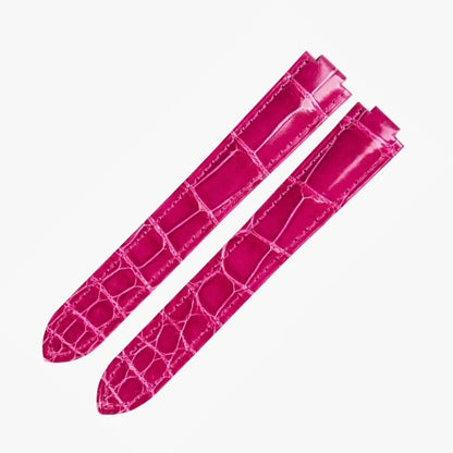 WatchesMate fuchsia alligator-textured leather strap compatible with Cartier Ballon Bleu watches, adding a bold and playful accent