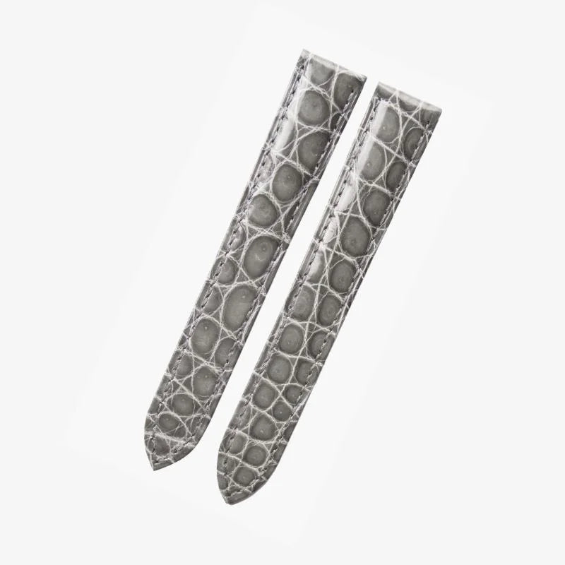 Gray alligator-textured leather watch strap by WatchesMate, compatible with Cartier Tank and similar watches
