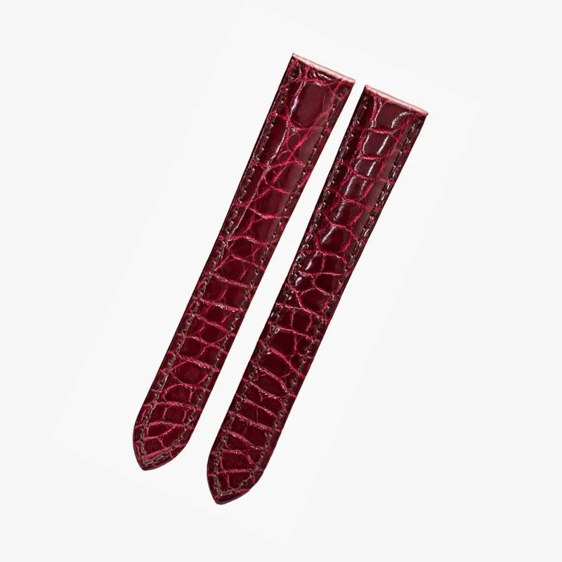 Maroon alligator-textured leather watch strap by WatchesMate, compatible with Cartier Tank and similar watch models