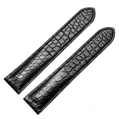 WatchesMate black alligator-textured leather strap, compatible with Cartier Tank watches, showcasing sleek contemporary style