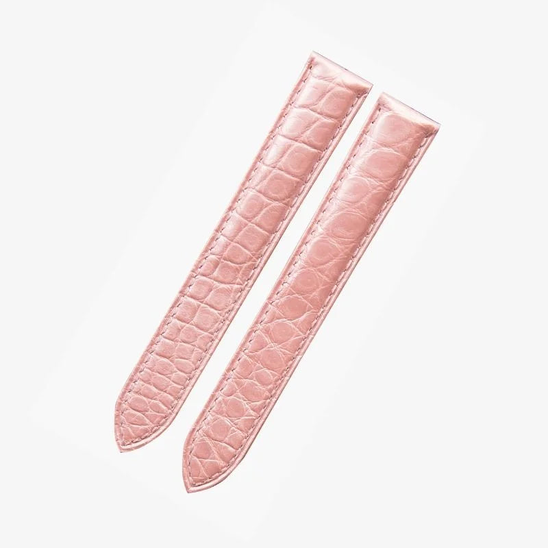 Pink alligator-textured leather watch strap by WatchesMate, compatible with Cartier Tank and similar watches