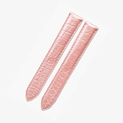 Pink alligator-textured leather watch strap by WatchesMate, compatible with Cartier Tank and similar watches