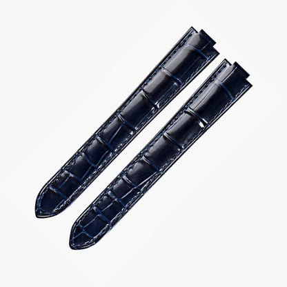 WatchesMate sapphire blue alligator-textured leather strap compatible with Cartier Ballon Bleu watches, offering a vibrant yet refined look