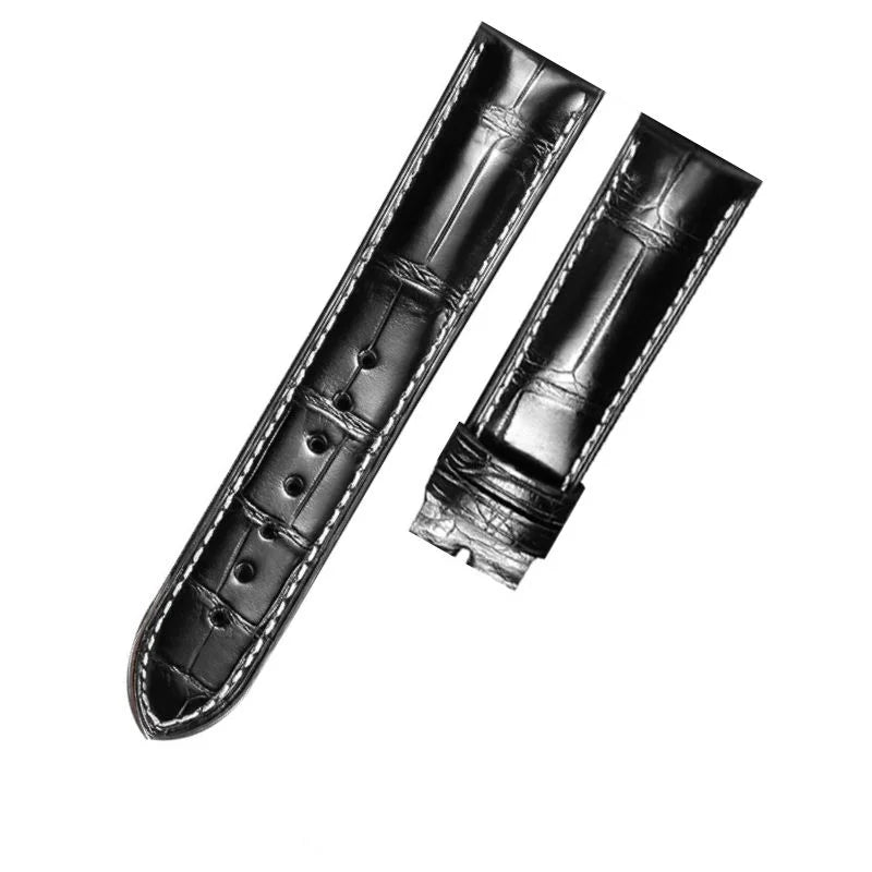 WatchesMate black alligator-textured leather strap — compatible with Longines watches, featuring hand-stitched craftsmanship and a classic, versatile design