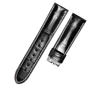 WatchesMate black alligator-textured leather strap — compatible with Longines watches, featuring hand-stitched craftsmanship and a classic, versatile design