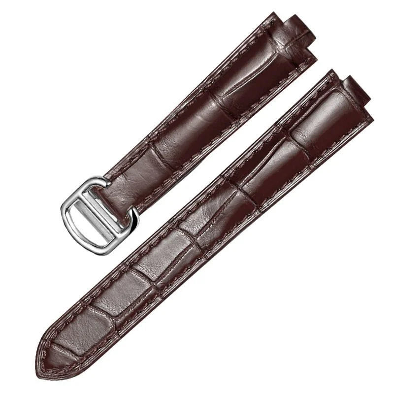 Brown handcrafted crocodile leather watch strap compatible with Cartier Ballon Bleu, featuring a silver-tone buckle and elegant finish