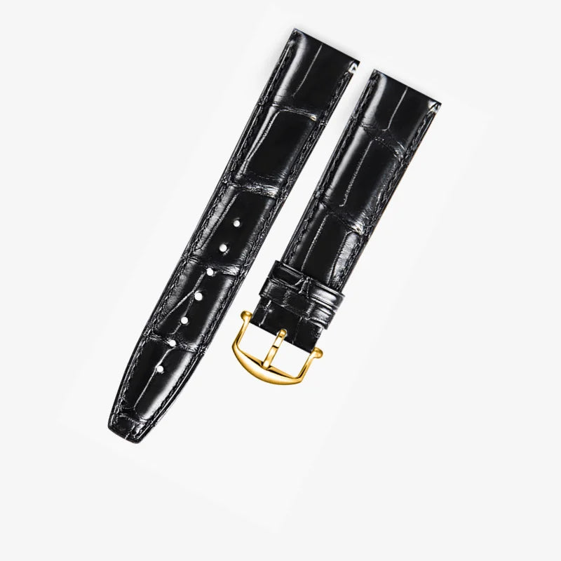 Black alligator-textured leather strap with gold pin buckle, compatible with IWC watch models (20mm–22mm). Sleek design and premium craftsmanship by WatchesMate