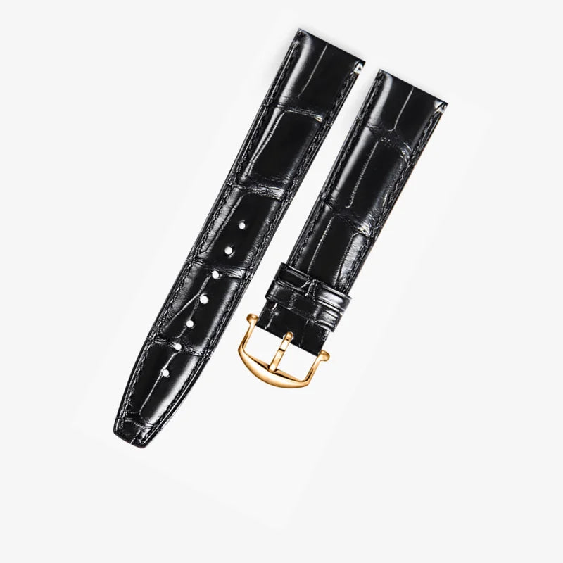 Black alligator-textured leather strap with rose gold pin buckle, handcrafted by WatchesMate. Compatible with IWC models, offering a refined and luxurious look