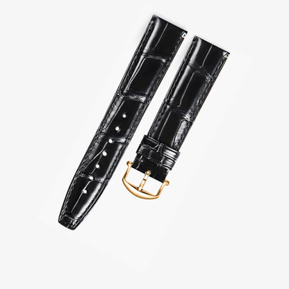 Black alligator-textured leather strap with rose gold pin buckle, handcrafted by WatchesMate. Compatible with IWC models, offering a refined and luxurious look