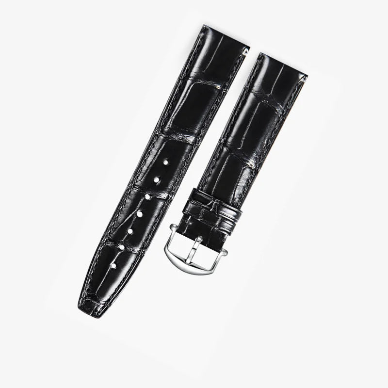 Black alligator-textured leather strap with silver pin buckle, handcrafted by WatchesMate. Compatible with IWC models, offering a refined and luxurious look