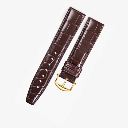 Brown alligator-textured leather strap with gold pin buckle, handcrafted by WatchesMate. Compatible with IWC Portugieser models