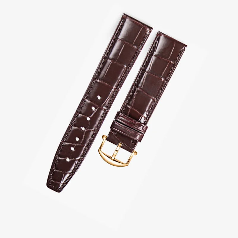 Brown alligator-textured leather strap with rose gold pin buckle, handcrafted by WatchesMate. Compatible with IWC Portugieser models