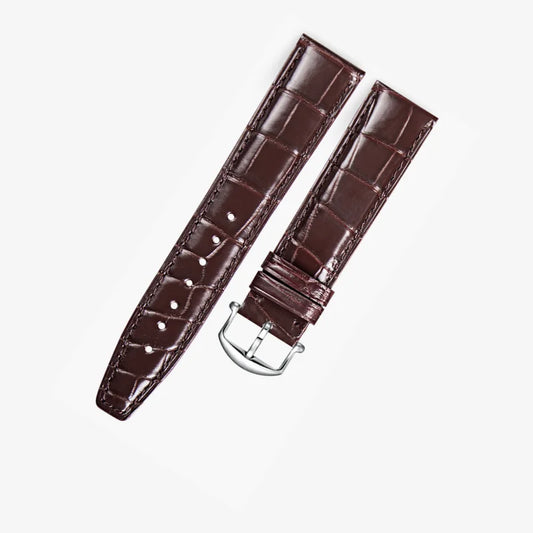 Brown alligator-textured leather strap with silver pin buckle, handcrafted by WatchesMate. Compatible with IWC Portugieser models