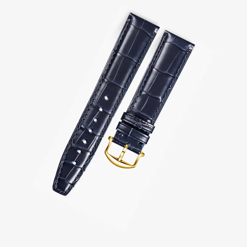 Dark blue alligator-textured leather strap with gold pin buckle — luxury replacement watch band compatible with IWC Ingenieur. Water-resistant and stylish design by WatchesMate