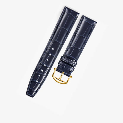 Dark blue alligator-textured leather strap with gold pin buckle — luxury replacement watch band compatible with IWC Ingenieur. Water-resistant and stylish design by WatchesMate