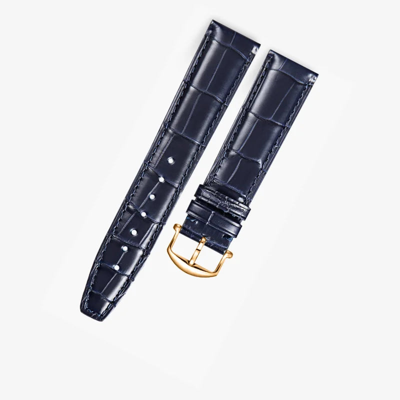 Dark blue alligator-textured leather watch strap with rose gold pin buckle — premium handcrafted design by WatchesMate, compatible with IWC Mark series. Genuine leather comfort for everyday wear