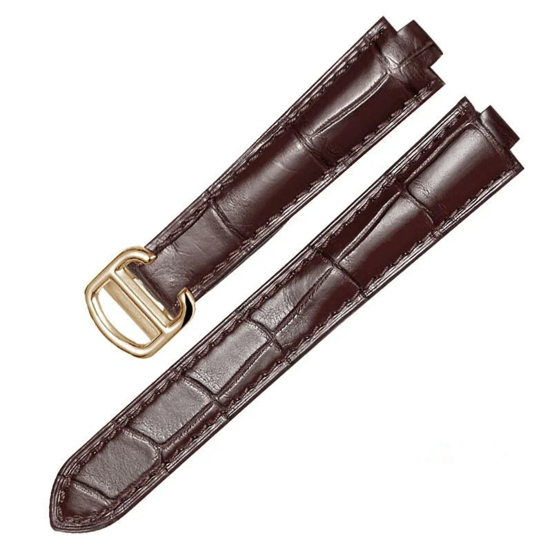 Brown alligator-textured leather strap compatible with Cartier Ballon Bleu, featuring a convex lug design for seamless integration with the case