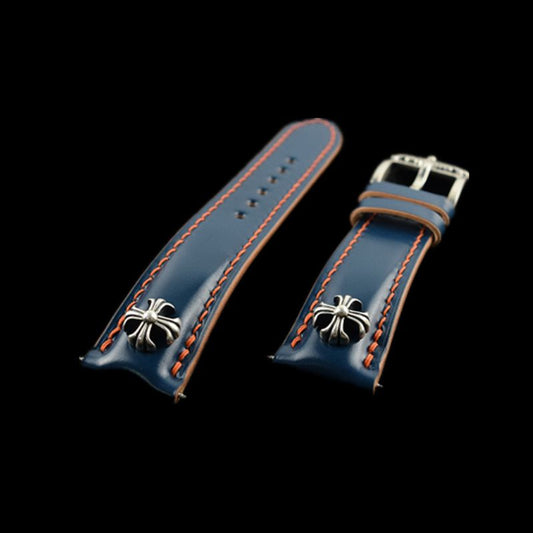 Handcrafted blue Shell Cordovan watch strap with 925 sterling silver cross. Gothic punk aesthetics meet Japanese craftsmanship