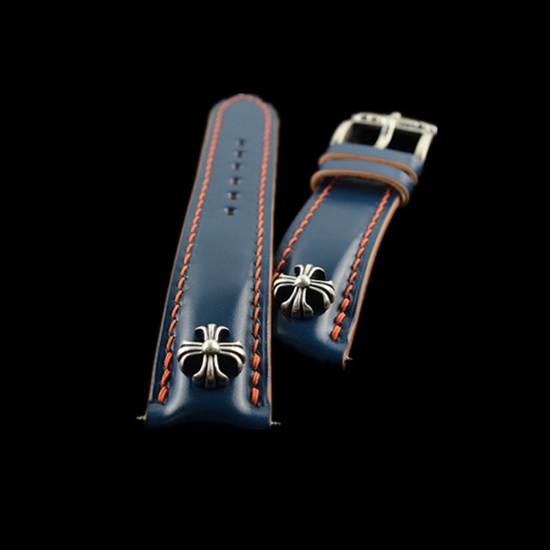 Handcrafted blue Shell Cordovan leather watch strap, compatible with premium watches such as Rolex Submariner and Omega Seamaster