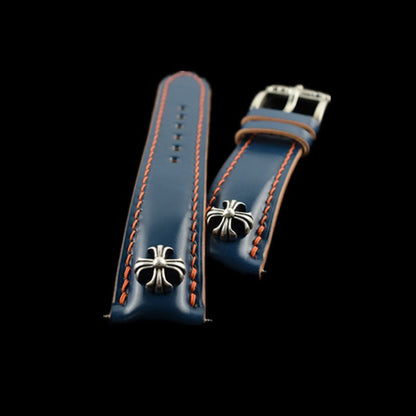 Handcrafted blue Shell Cordovan leather watch strap, compatible with premium watches such as Rolex Submariner and Omega Seamaster