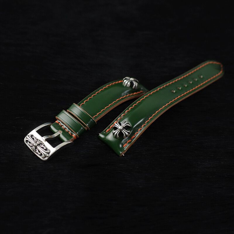 Handcrafted green Shell Cordovan leather watch strap, compatible with premium watches such as Rolex Submariner and Omega Seamaster