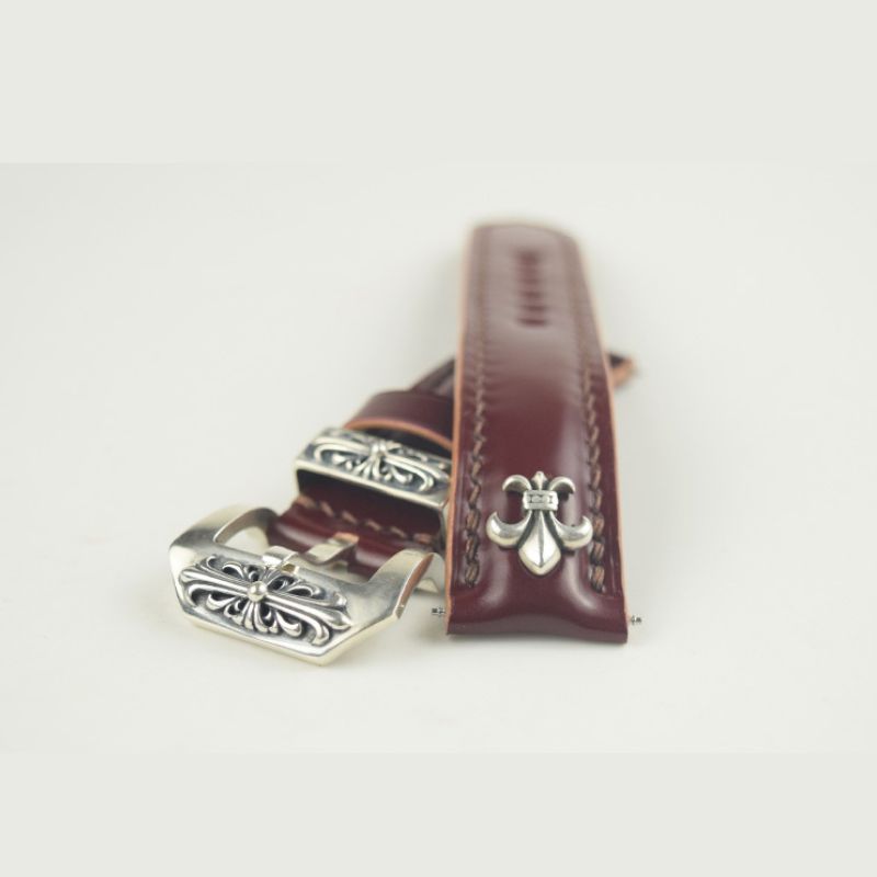 Maroon Gothic-punk watch strap with hand-engraved silver clasp, ideal for transforming the watch into a wearable art emblem