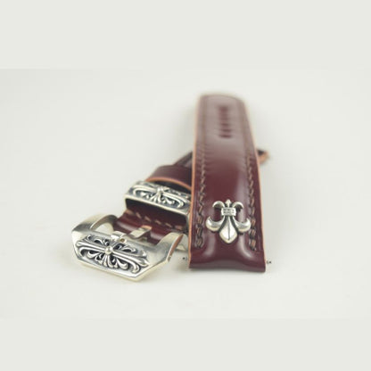 Maroon Gothic-punk watch strap with hand-engraved silver clasp, ideal for transforming the watch into a wearable art emblem
